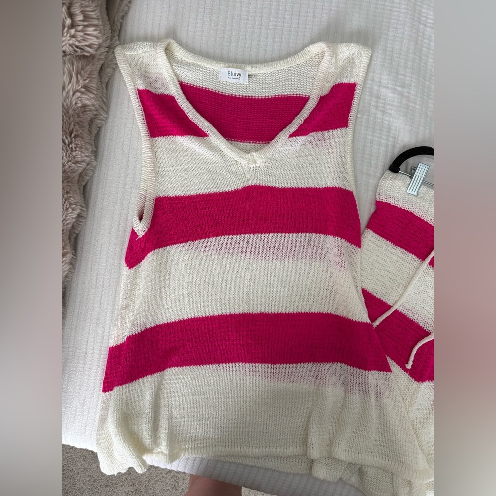 Bluivy Hot Pink and Cream Striped Sleeveless Knit Set